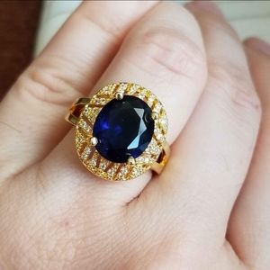 18K Gold Plated Oval Cut Blue Sapphire Diamond Ring for Women